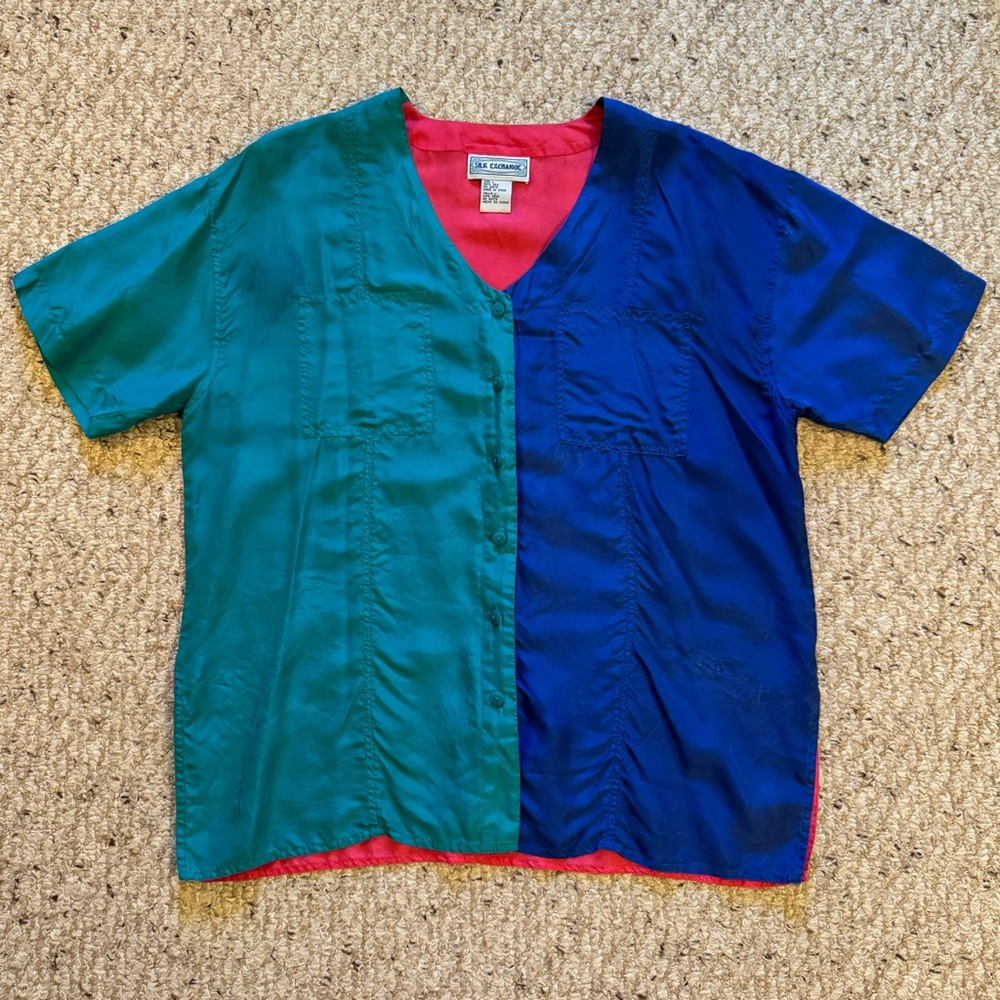 *3 for $9* Vintage Silk Colorblock Blouse - Picture 2 of 14